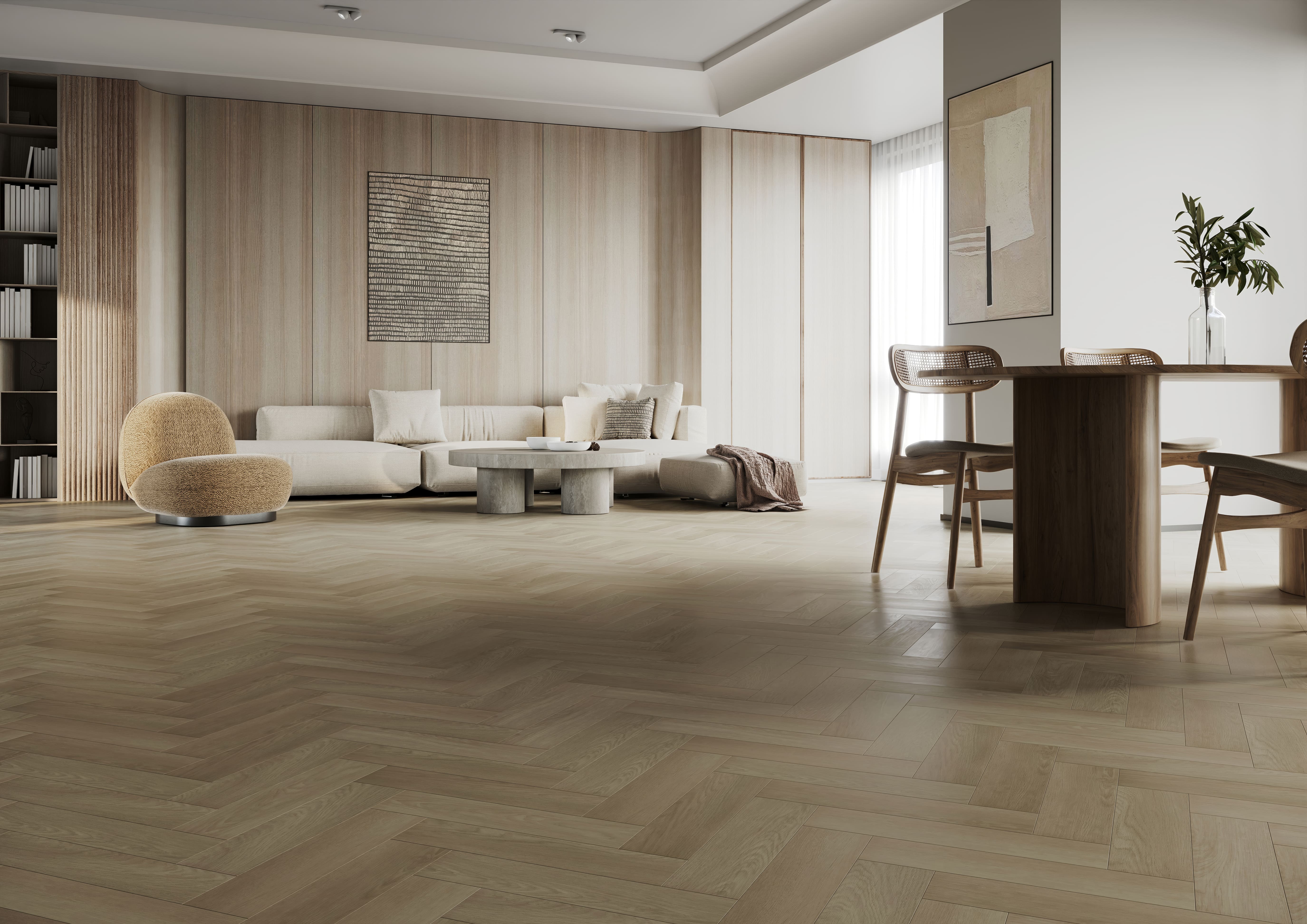 Кварцвиниловый SPC ламинат Home Expert Parquet Design Дуб Английский 44-6191-28 венгерская елка 400×100×4,5 фото в интерьере